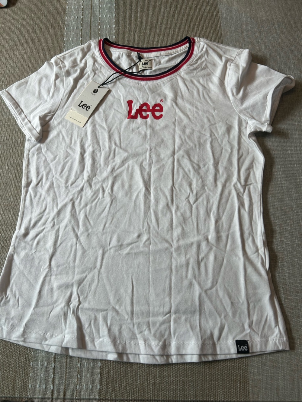 Lee White Short-Sleeve Crewneck Tee with Red Logo and Trim